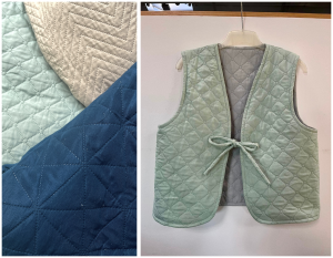 Dieses Bild zeigt auf der linken Seite drei Beispiele von Steppdecken und auf der rechten Seite das fertige Model der Weste.